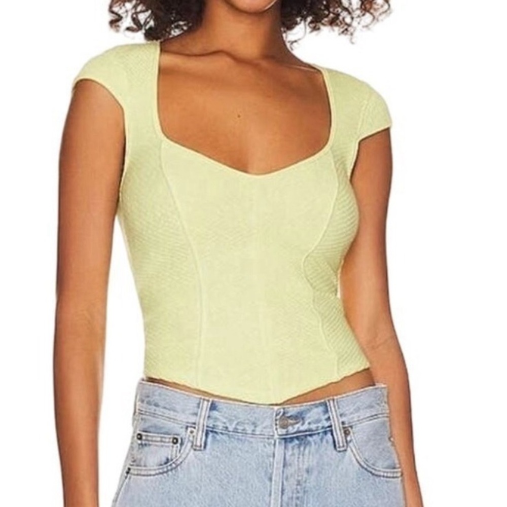 NWT Free People Knit Top Pale Yellow Textured Fitted Key Lime Pie Sleeveless